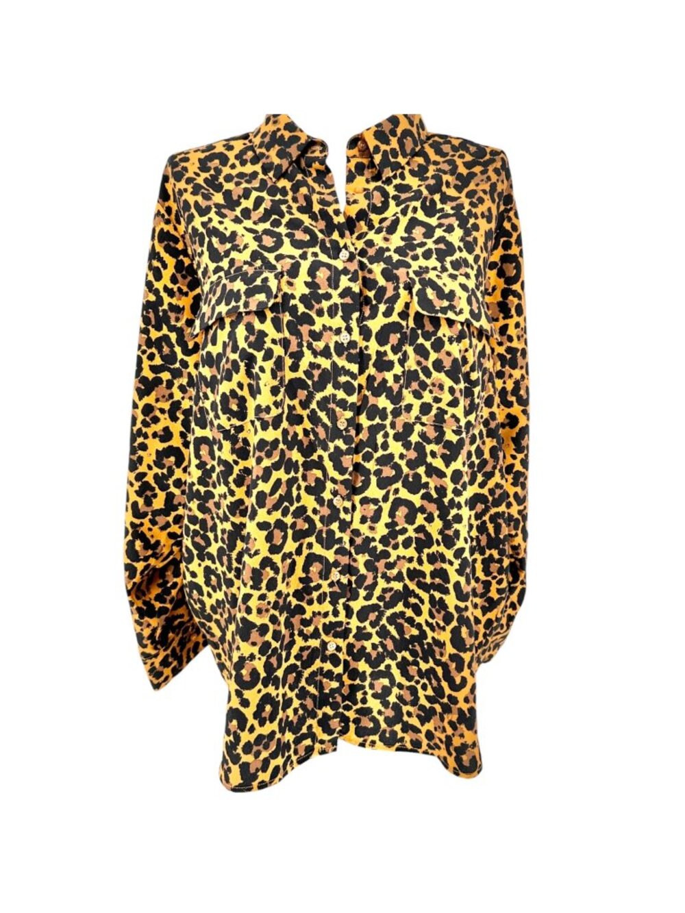 Madison Curvy Button Up Tunic Shirt Womens 2X Leopard Print Black Yellow LS Poly